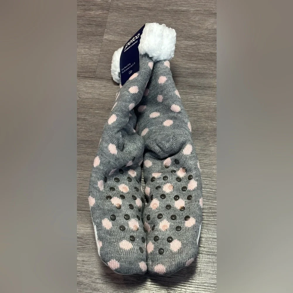 NWT Petco Cozy Fleece Lined Caticorn Slipper Socks - Grey/Pink Polka Dot